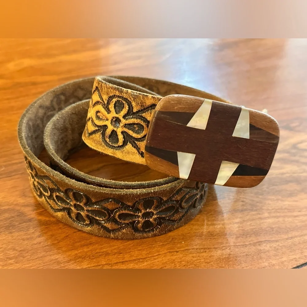 Vintage Tooled Leather Belt Wood Mother-of-Pearl Inlay Western Boho Archive